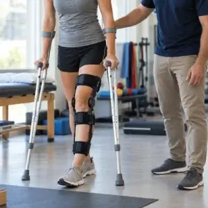 A patient wearing a knee brace practices walking with crutches while a physical therapist provides support, illustrating assisted mobility during the meniscus surgery recovery timeline