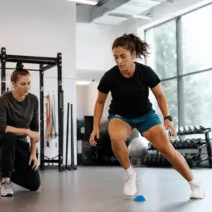 a physical therapist in Dallas observing an athlete doing a lateral movement drill with cones in a clean sports rehab gym