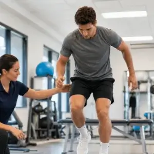 An athlete practices a controlled balance drill while a therapist monitors movement during all sports physical therapy