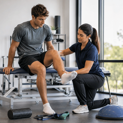 A physical therapist dallas specialist supports an athlete’s leg during early injury rehab in a bright clinic