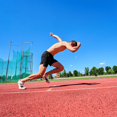 Athlete launches from start on outdoor track, demonstrating power, speed, and peak performance readiness today
