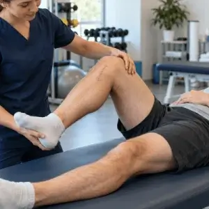 A physical therapist supports a patient’s heel and bent knee during an exercise on a treatment table, illustrating rehabilitation during the meniscus surgery recovery timeline