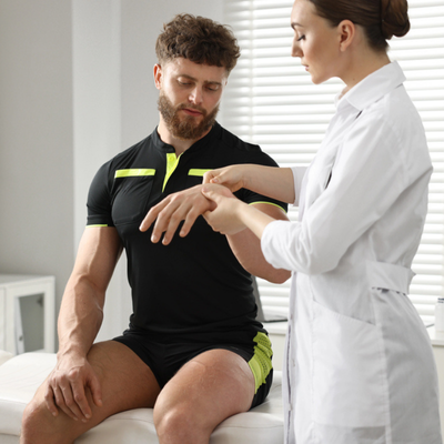 A doctor carefully examines an athlete’s hand, providing professional athlete rehabilitation support after injury