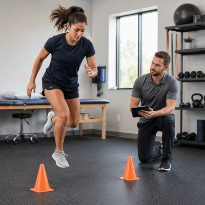 An athlete performs a single-leg hop test while a therapist observes during a physical therapy dallas tx assessment.