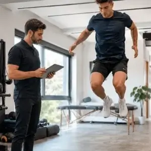 A male athlete performs a vertical jump while a therapist records his movement data during sports therapy in Dallas