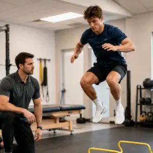 An athlete performs a jump test while a therapist observes his landing control during all sports physical therapy