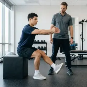 An athlete performs a controlled single-leg strengthening exercise while a physical therapist monitors his form during patellar tendonitis rehabilitation