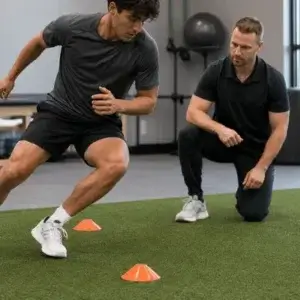 A male athlete practices a lateral cutting drill between cones as a therapist evaluates his movement during sports specific rehab