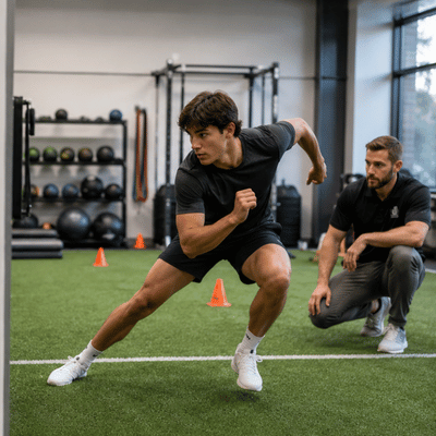 An athlete completes a sports specific rehab lateral movement drill as a therapist monitors form on indoor turf.