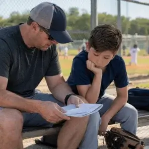 A parent and young baseball player review a pitching log together in the dugout to help manage workload and reduce the risk of little league elbow