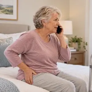 An older woman sits on her bed while speaking on a mobile phone and holding her hip, illustrating the importance of contacting a healthcare provider about concerning symptoms during total hip replacement recovery week by week