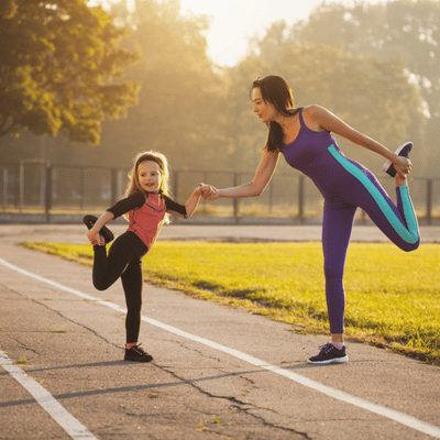 Woman helps child balance while quad stretching together on track during warmup at sunrise outside
