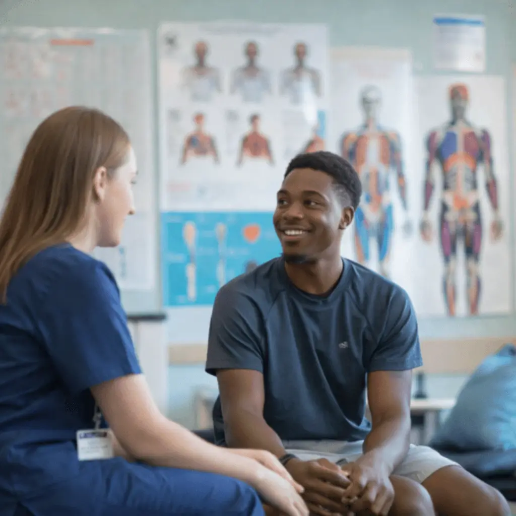 Therapist speaks with athlete in clinic, discussing goals and plans for sports injury rehab