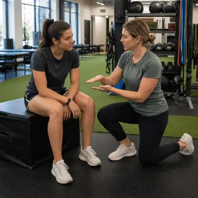 A physical therapist dallas specialist explains a rehab plan to an injured athlete in a sports clinic