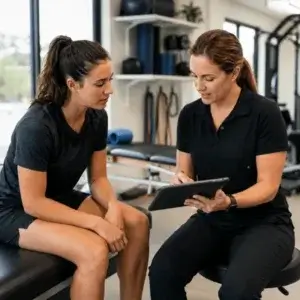 A therapist reviews a personalized treatment plan on a tablet with a female athlete during sports specific rehab