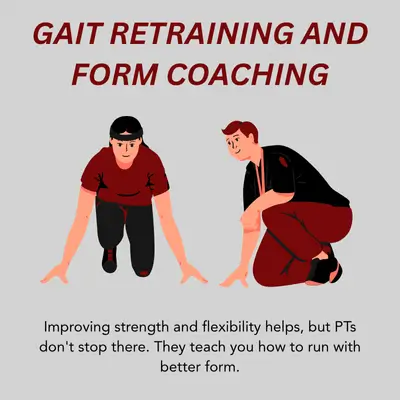 Illustrated physical therapist teaching proper running form through gait retraining and coaching techniques