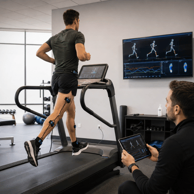 A runner undergoes sports specific rehab gait analysis on a treadmill while a therapist reviews movement data.