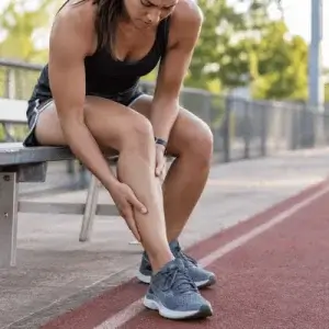 A female runner sits beside a track and massages her lower leg while managing discomfort and learning how to get rid of shin splints