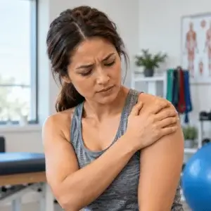 A woman holds her shoulder with a concerned expression while experiencing pain that may be associated with shoulder impingement