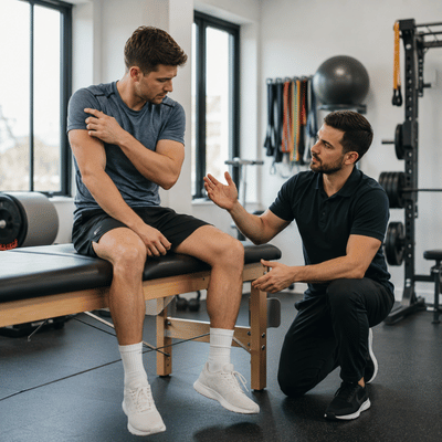 A physical therapist talks with an athlete about shoulder pain during a physical therapy dallas tx appointment in a rehab clinic.