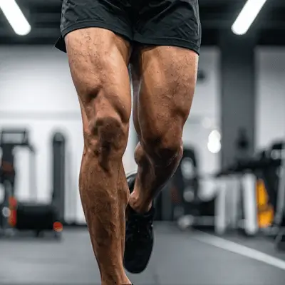 Close-up of athlete's legs running indoors, highlighting quadriceps strength and dynamic gym training for stability