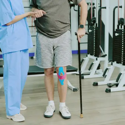 Therapist guides taped knee patient using cane in gym, demonstrating sports injury rehab support today