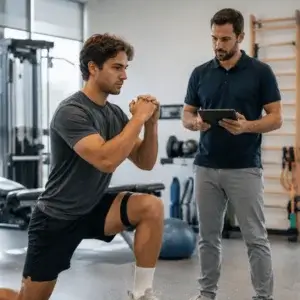 a physical therapist in Dallas using a tablet while an athlete performs a monitored balance exercise with wearable sensors