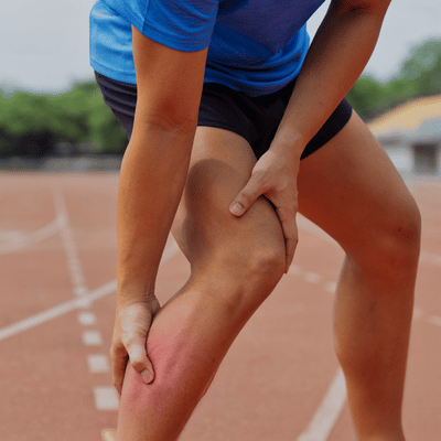 An athlete grips a painful knee on a track, highlighting injury symptoms treated in orthopedic and sports physical therapy
