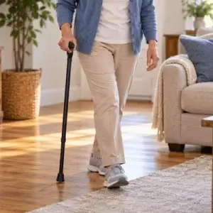 An older adult walks with a cane across a living room floor, illustrating total hip replacement recovery week by week as mobility improves and walking support gradually decreases